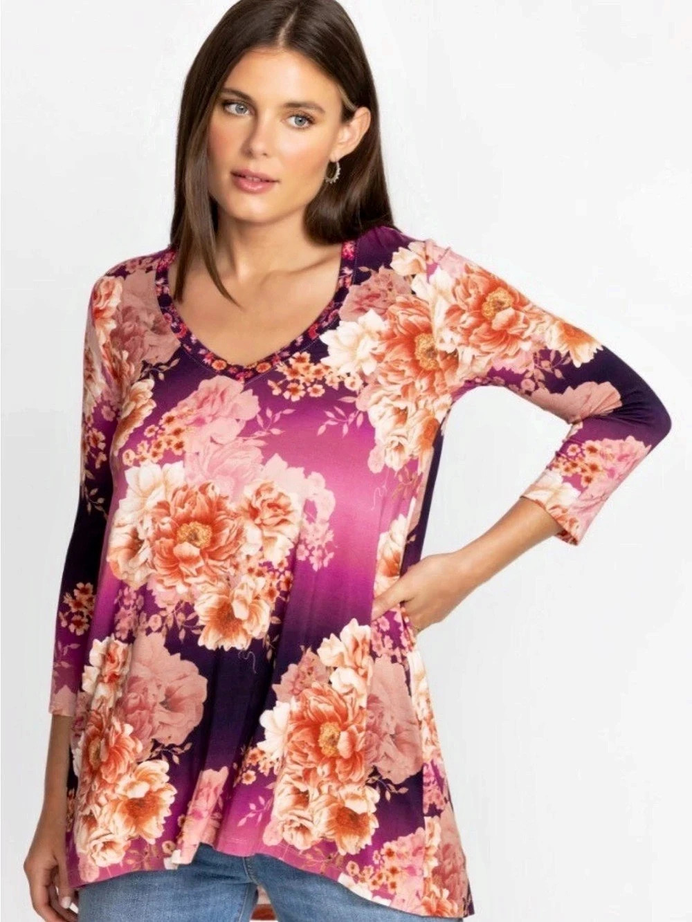 NWOT Johnny Was Carina V-Neck Swing Tunic Floral Purple & Pink Long Sleeve Sz Me